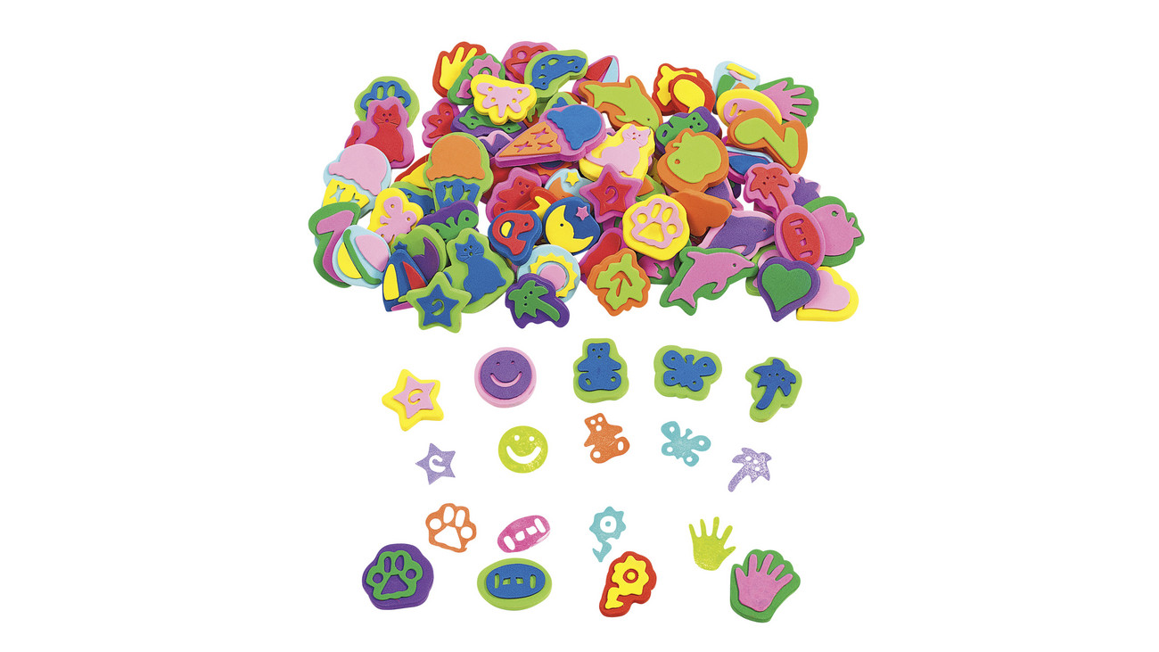 Set C/100 Carimbos 774052 Formas coloridas em borracha com desenhos variados sobre fundo branco