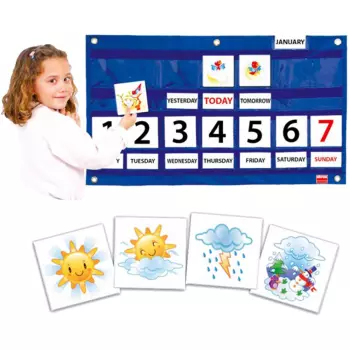 Calendário Semanal Antes, Agora e Depois... BigSize 39000A PT Calendário pedagógico com dias da semana e cartões de tempo, com uma menina ao lado