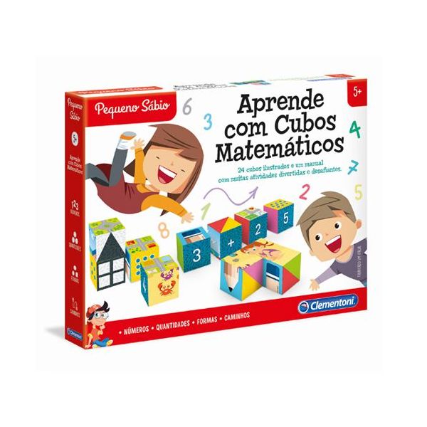 Jogo Aprende os Cubos Matematicos 67621 Clementoni + 5 anos Caixa de jogo educativo com cubos matemáticos coloridos e ilustrações de crianças