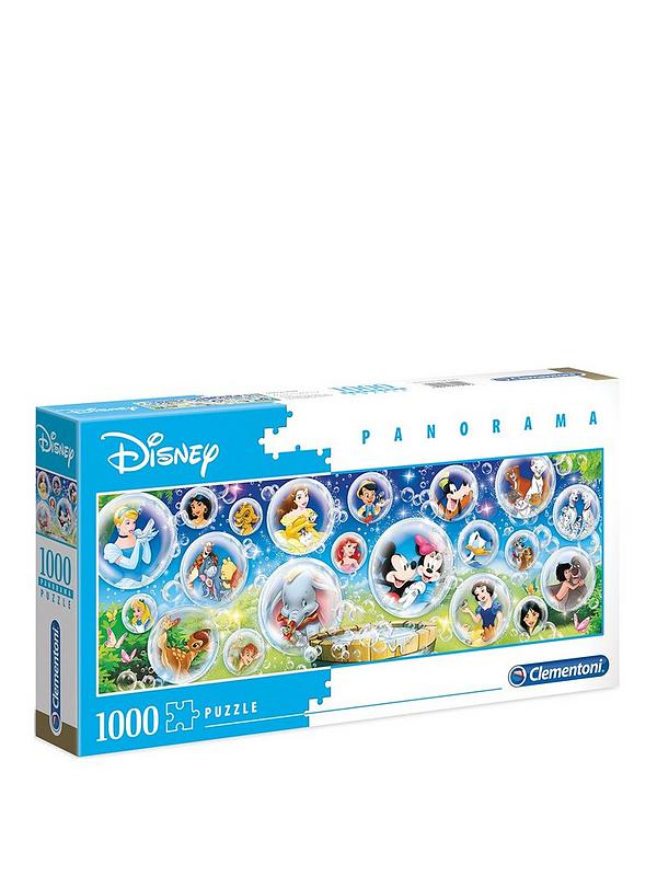 Caixa de puzzle Disney Panorama 1000 peças Clementoni com personagens Disney em bolhas
