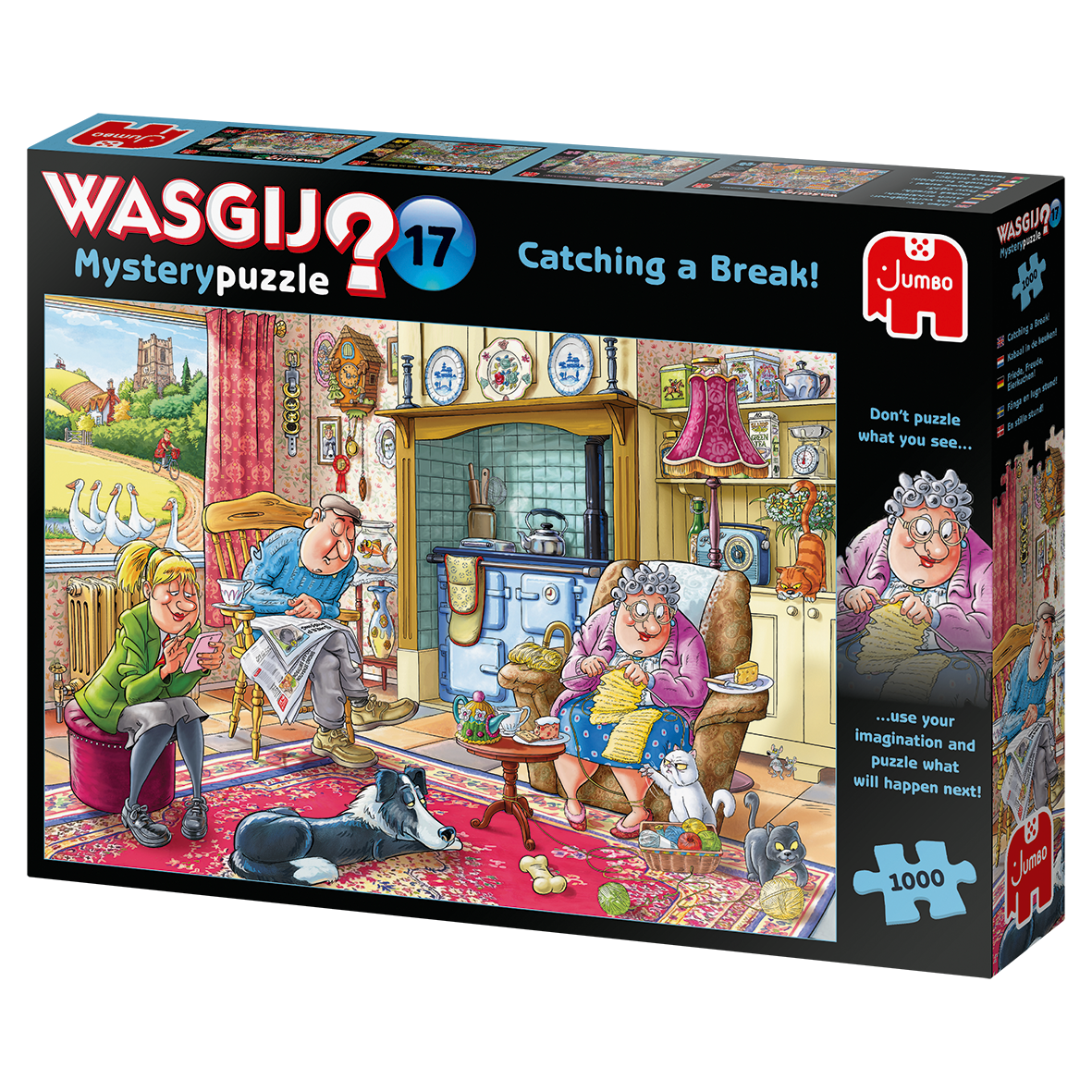 Puzzle Jumbo 1000 Wasgij Mystery 17 19175 Caixa de puzzle Wasgij Mystery Puzzle 17 Catching a Break! com ilustração colorida de cena doméstica rústica com pessoas e animais.