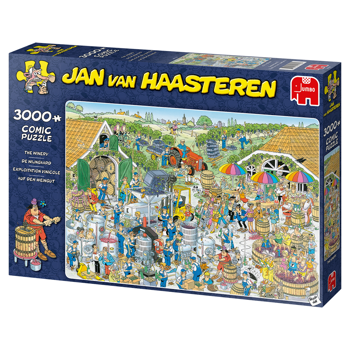 Puzzle Jumbo 3000 Comic Jan Van Haasteren The Winery 19198 Caixa de puzzle Jan Van Haasteren com cena de vinicultores e mais de 3000 peças