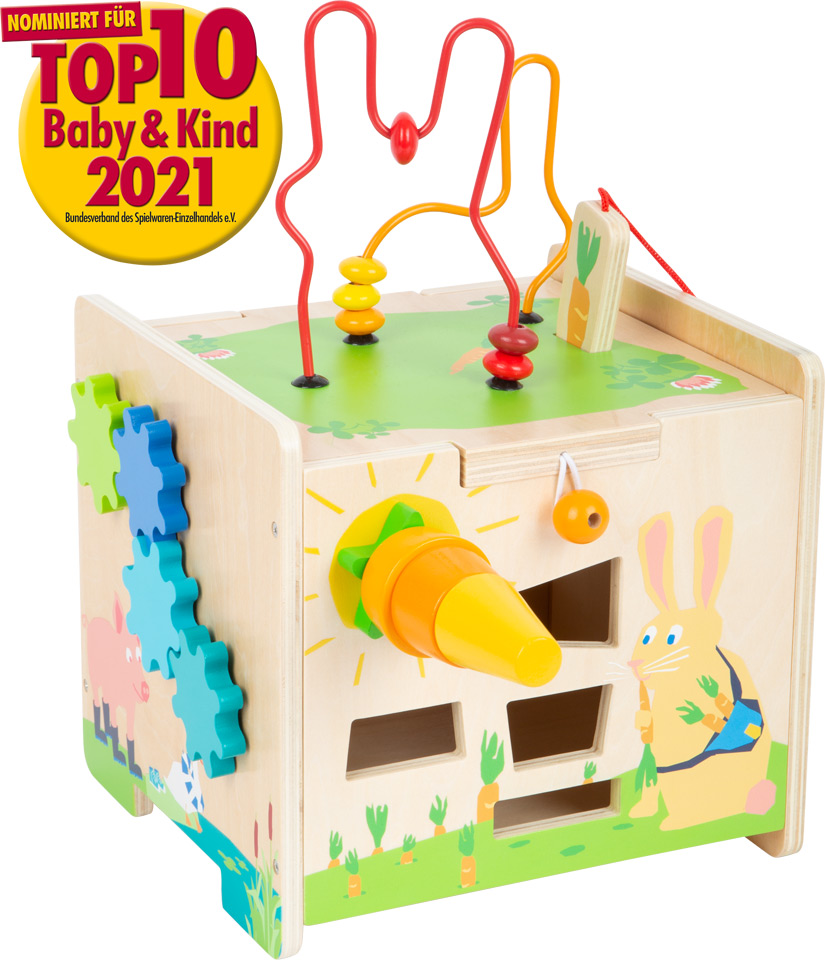 Brinquedo educativo de madeira colorido em forma de cubo com peças e ilustrações infantis.