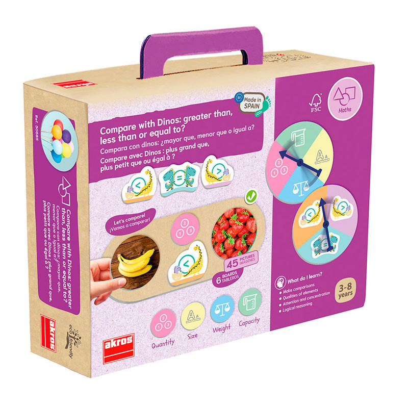 Dinossauros - Maior Que, Menor que o Igual a? 30685 Caixa de jogo educativo com cartas para crianças, tema dinossauros e frutas, fundo bege e roxo.