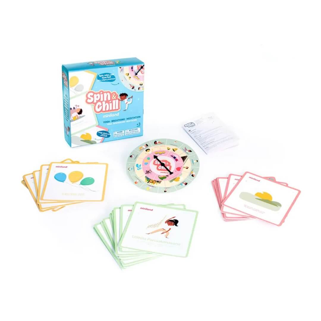 Jogo Yoga - Respiração - Meditação - Gira e Relaxa 31899 Jogo de cartas Spin & Chill com cartas coloridas e disco giratório junto de embalagem azul.