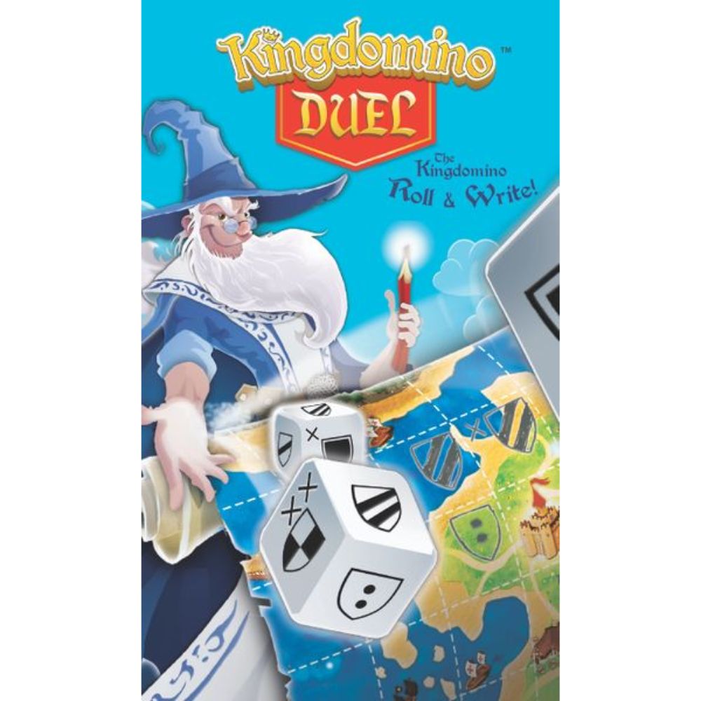Jogo Dados Kingdominó Duel +8 anos Caixa do jogo Kingdomino Duel com feiticeiro, dados e tabuleiro colorido