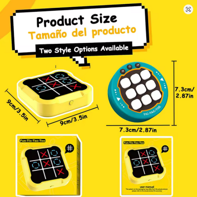 Dois jogos Fun-Tic-Tac-Toe em fundo amarelo com dimensões indicadas