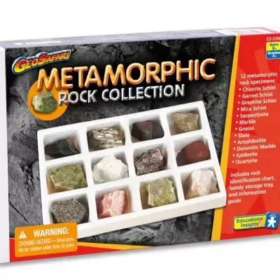 Caixa branca com 12 rochas metamórficas visíveis, texto colorido na tampa e lista de nomes de rochas no lado direito.