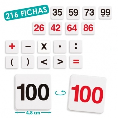Fichas de jogo quadradas com números e símbolos matemáticos em preto e vermelho, com indicação 216 FICHAS e dimensão 4,8 cm.