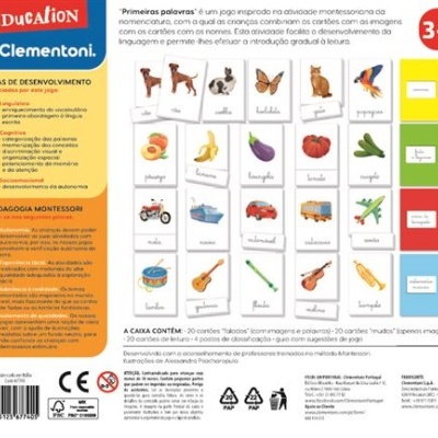 Caixa de jogo educativo 'Primeiras palavras' da Clementoni com cartões ilustrados para crianças.