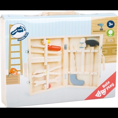Estojo de ferramentas de brincar em madeira para crianças, com várias ferramentas coloridas