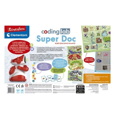 Embalagem do Coding Lab Super Doc com robô educativo, fichas e tabuleiro ilustrado