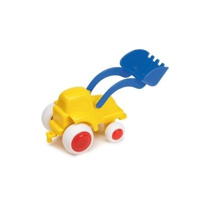 Brinquedo de carrinha escavadora amarela e azul com rodas vermelhas
