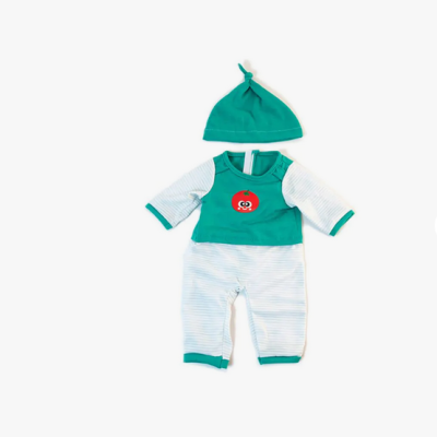 Conjunto de roupa para bebé verde e branco com tomate sorridente e gorro verde