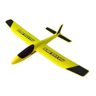 Avião planador amarelo e preto com texto RAYCLAR nas asas