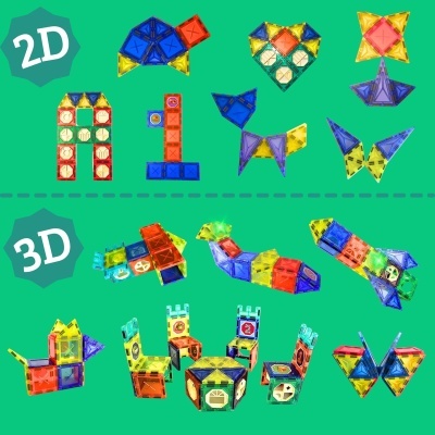 Peças magnéticas coloridas para construção 2D e 3D em fundo verde