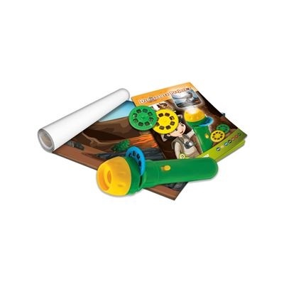 Brinquedo educativo com lanterna projetora, disco, rolo de papel e livro colorido