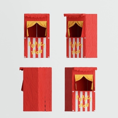 Tenda de fantoches vermelha com cortinas amarelas e texto 'PUPPET SHOW'.