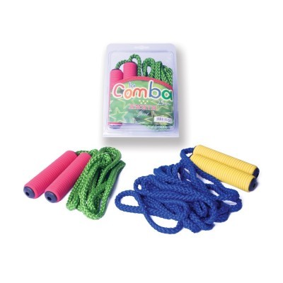 Duas cordas de saltar coloridas e embalagem com corda de pular