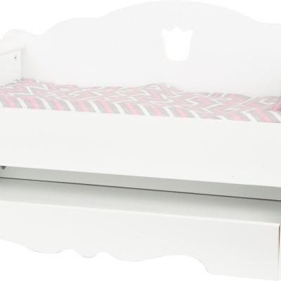 Cama branca de madeira para crianças com colchão cinza e rosa e gaveta inferior