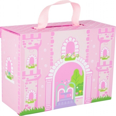 Caixa rosa de brinquedos com ilustração de castelo e alça rosa