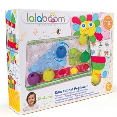 Tabuleiro educativo Lalaboom com pinos coloridos em caixa branca