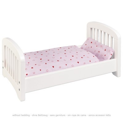 Cama pequena branca de madeira com roupa de cama rosa com corações