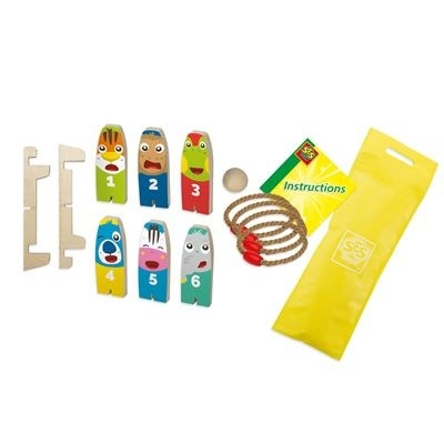 Conjunto de brinquedo colorido de madeira com peças numeradas, bola, corda, instruções e bolsa amarela