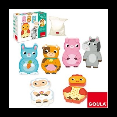 Brinquedo de madeira com cinco peças de animais e caixa de embalagem branca com saco e marca GOUÂ