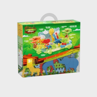 Caixa de brinquedo de encaixe Savanna Animals com peças coloridas e animais da savana.