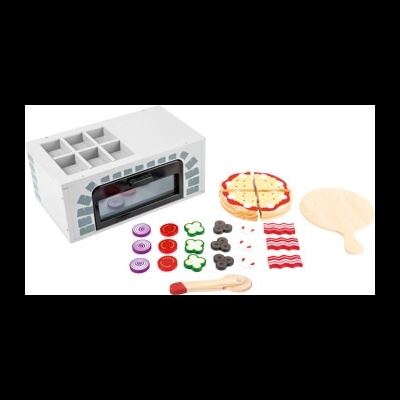 Conjunto de brinquedo de forno e ingredientes para pizza em madeira colorida