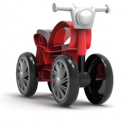 Triciclo infantil de plástico vermelho com rodas cinzentas e guiador branco