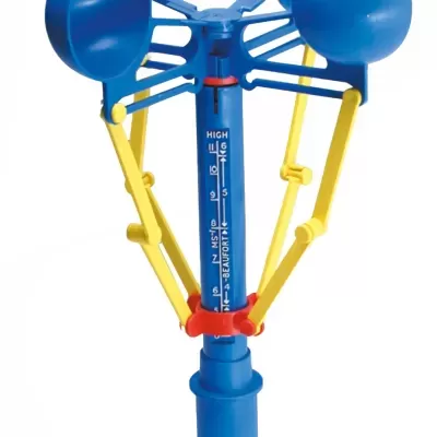 Anemómetro azul e amarelo com copos e escala central de intensidade