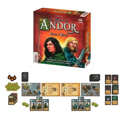 Caixa e componentes do jogo de tabuleiro As Lendas de Andor: Chama e Thorn