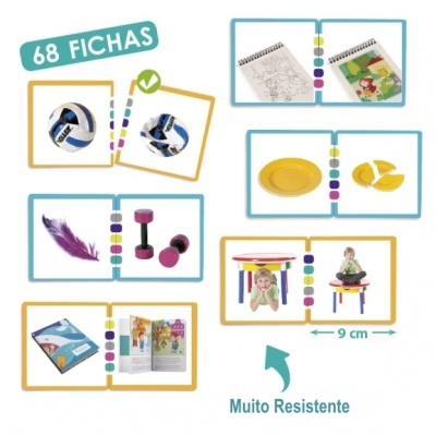 Conjunto de fichas ilustradas para atividades educativas com várias imagens coloridas e texto