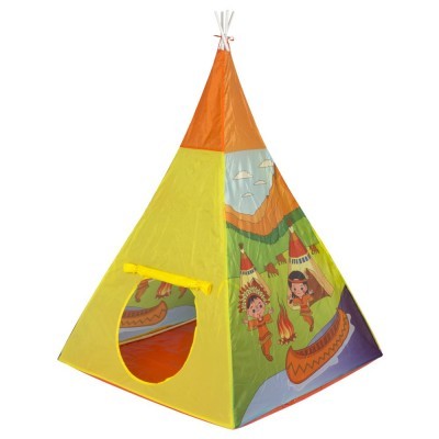 Tenda de brincar tipi infantil colorida com desenhos de indígenas e canoas