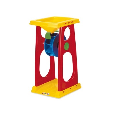 brinquedo infantil de plástico com estrutura vermelha e amarela e roda azul