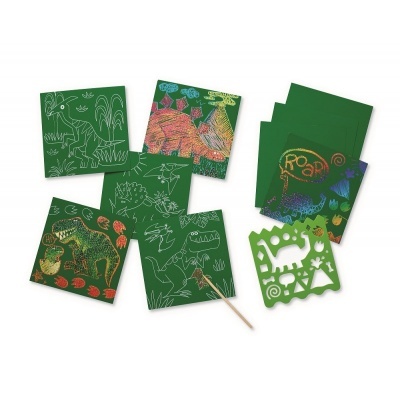 Folhas verdes com desenhos riscados de dinossauros e molde verde com símbolos recortados