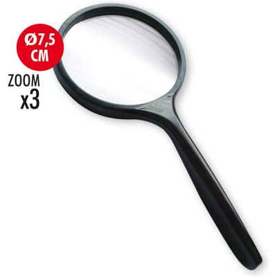 Lupa preta com lente de 7,5 cm e zoom x3 sobre fundo branco