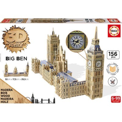 Quebra-cabeças 3D de madeira Big Ben EDUCA com 156 peças, embalagem branca com texto