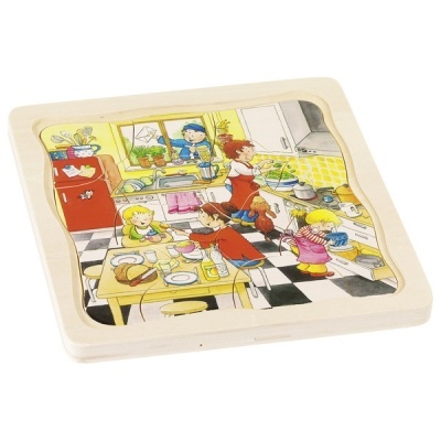 Quebra-cabeças de madeira com família na cozinha a preparar o pequeno-almoço