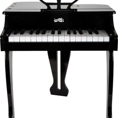 Piano de brinquedo infantil preto com teclas e pedal