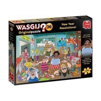 Caixa do puzzle WASGIJ Original 36 New Year Resolutions com ilustração de pessoas a fazer exercícios numa sala de ginásio