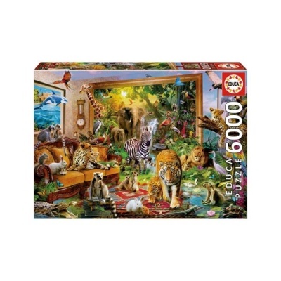 Caixa de puzzle EDUCA 6000 peças com imagem colorida de vários animais selvagens numa sala e floresta.