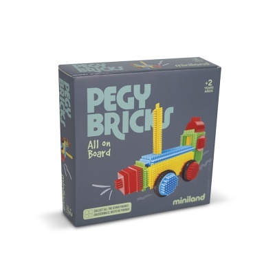 Caixa de brinquedo de blocos PEGY BRICKS com veículo colorido em blocos