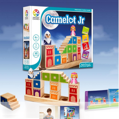 Jogo de puzzle Camelot Jr com blocos coloridos e figuras de príncipe e princesa