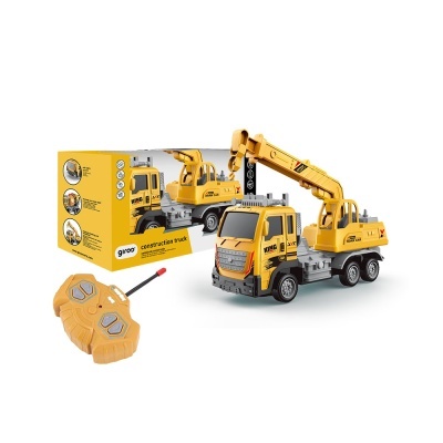 Brinquedo camião de construção amarelo com guindaste e comando remoto