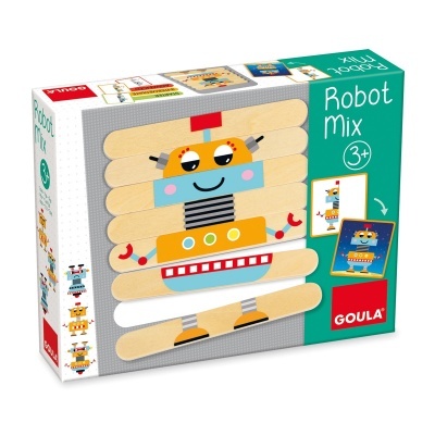 Caixa do jogo Robot Mix, com peças de madeira coloridas formando um robô divertido.