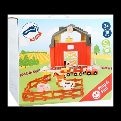Brinquedo celeiro de madeira com animais e tratores para crianças
