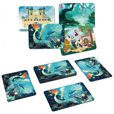 Cartas com ilustrações de castelo, floresta, dragão e personagens